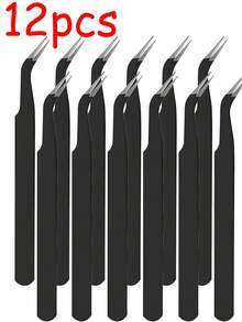 12pcs Black False Eyelash Elbow Tweezers, Grafting Eyelash Curler, Multifunctional, Fine And Easy To Use, Thick Steel, High Hardness, Good Elasticity, Durable, Equipped With Protective Headgear To Avoid Hand Injuries, Comfortable To Use, Suitable For Home, Beauty Salon, Nail Salon Special Tweezers (12/6/1pc) - Multicolor - View 8