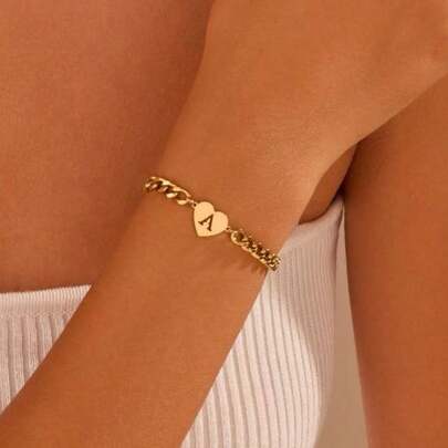 1 chiếc vòng tay chữ cái hình trái tim mạ vàng 18K, vòng tay 26 chữ cái hình trái tim bằng thép không gỉ 304, trang sức thời trang, tối giản, phù hợp cho phụ nữ, bé gái, quà sinh nhật, Giáng sinh, Ngày của Mẹ, Ngày Valentine, quà tặng tình bạn, có thể điều chỉnh cho cả nam và nữ.