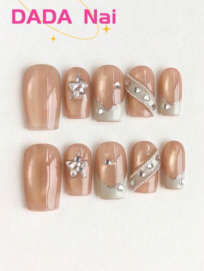 10pcs Medium Oval Handmade Press On Nails, Nude Nails, Summer Nails, Star Rhinestone Nails, French Tip Nails, Glossy Finish, Reusable Acrylic Fake Nails, Ideal For Weddings, Dates And Daily Wear