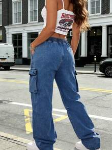 Pantalones de carga de mezclilla con cintura elástica y cordón - Azul lavado oscuro - Ver 7