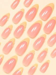 Add A Touch Of Romance With 24pcs Almond Nails 3D Gel Minimalism Fresh Yellow French Full Coverage Fake Nail Tips For Women And Girls Press On Nails Includes 1sheet Adhesive Tabs & 1pc Mini File Suitable For Summer Party Office Daily Wear False Nails Jelly Glue Is Randomly Shipped - Multicolor - View 4