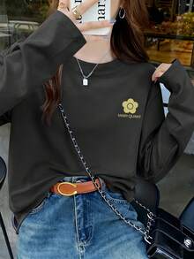This New Women's Long-Sleeved Shirt Is Made From 210g Pure Cotton. Perfect For Vacation, Leisure, Travel, Sports, And Everyday Wear. A Crew Neck Pullover With A Student Print, This College-Style Youth T-Shirt Is Perfect For Everyday Wear. - 深灰色 - 查看 1