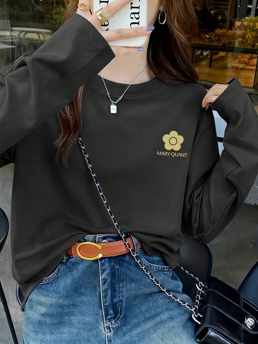 This New Women's Long-Sleeved Shirt Is Made From 210g Pure Cotton. Perfect For Vacation, Leisure, Travel, Sports, And Everyday Wear. A Crew Neck Pullover With A Student Print, This College-Style Youth T-Shirt Is Perfect For Everyday Wear. - 深灰色 - 查看 1