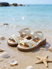 Adjustable Kids Sandals Girls Flats Shoes Off-White Woven Double Layer Cross Straps Fringe Edge Gold Bead Detail Non-Slip Sole Hook And Loop Closure For 3-12 Years Old - Beige - View 4