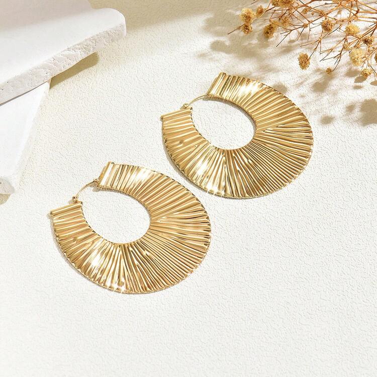 一套时尚夸张几何扇形热带棕榈叶元素耳环，复古夸张条纹圈形耳环，适合派对、通勤或作为节日礼物 - 金色 - 查看 3
