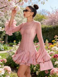 Vestido corto de cóctel de fiesta con mangas largas transparentes, volantes en el bajo, cintura alta, corte evasé y botones delanteros en color rosa/blanco - Rosa - Ver 4