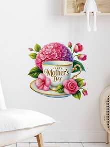 1pc Wall Sticker, Mother's Day Self-Adhesive Waterproof Removable Sticker, Elegant Heart-Shaped Floral Wreath, Rose, Hydrangea, Coffee Cup Pattern, Suitable For Mother's Day Party Decor, Home Decor, Kitchen, Living Room, Bedroom, Bathroom Decor - 1PC - View 6