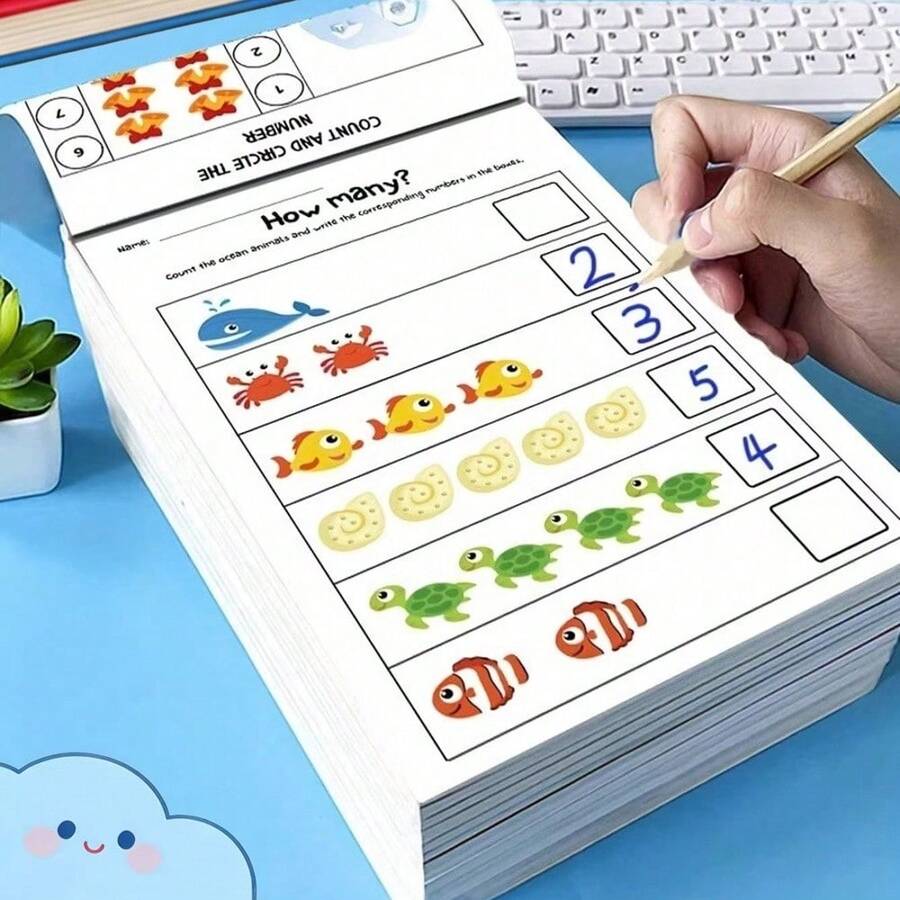 64 Pages Fun Math Practice Book,The Book Contains Elements Of Transportation, Forest Animals, Marine Animals, And Fruit Plants To Facilitate Quick Identification By Parents/Educators. It Is Suitable For Home Early Childhood Digital Cognition Enlightenment, Schools, Students, Stationery, School Supplies, And Back-To-School. - 1PC - Xem 1