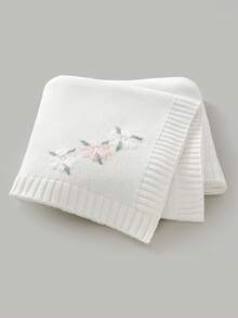 1pc 3D Floral Embroidery Baby Knit Blanket, 100% Cotton Infant Swaddle Wrap, All Season Stroller Quilt - White - View 9