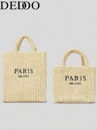 Dedoo Women's Summer Handmade Embroidered Letter Tote Bag, Ins Style Seaside Vacation Straw Bag, Large-Capacity Woven Shopping Bag. It Is Suitable For Seaside Vacations, Weekend Shopping, And Also Fits Daily Commuting.