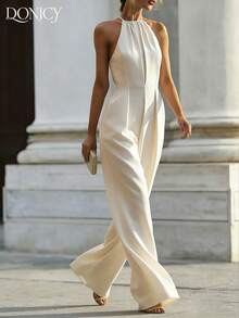 DONICY Elegant Cream Jumpsuit, Women's Chic Wide Leg Jumpsuit With Collared Neck & Smocked Waist, Sexy Backless Vacation Romper - Apricot - View 5