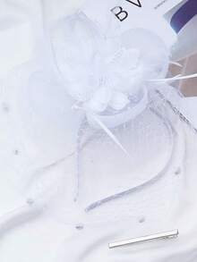 1pc Women's Vintage 20s 30s 50s Style Fascinator Hat, Retro Headpiece With Bow, Flower & Veil, Suitable For Wedding, Tea Party - White - View 3