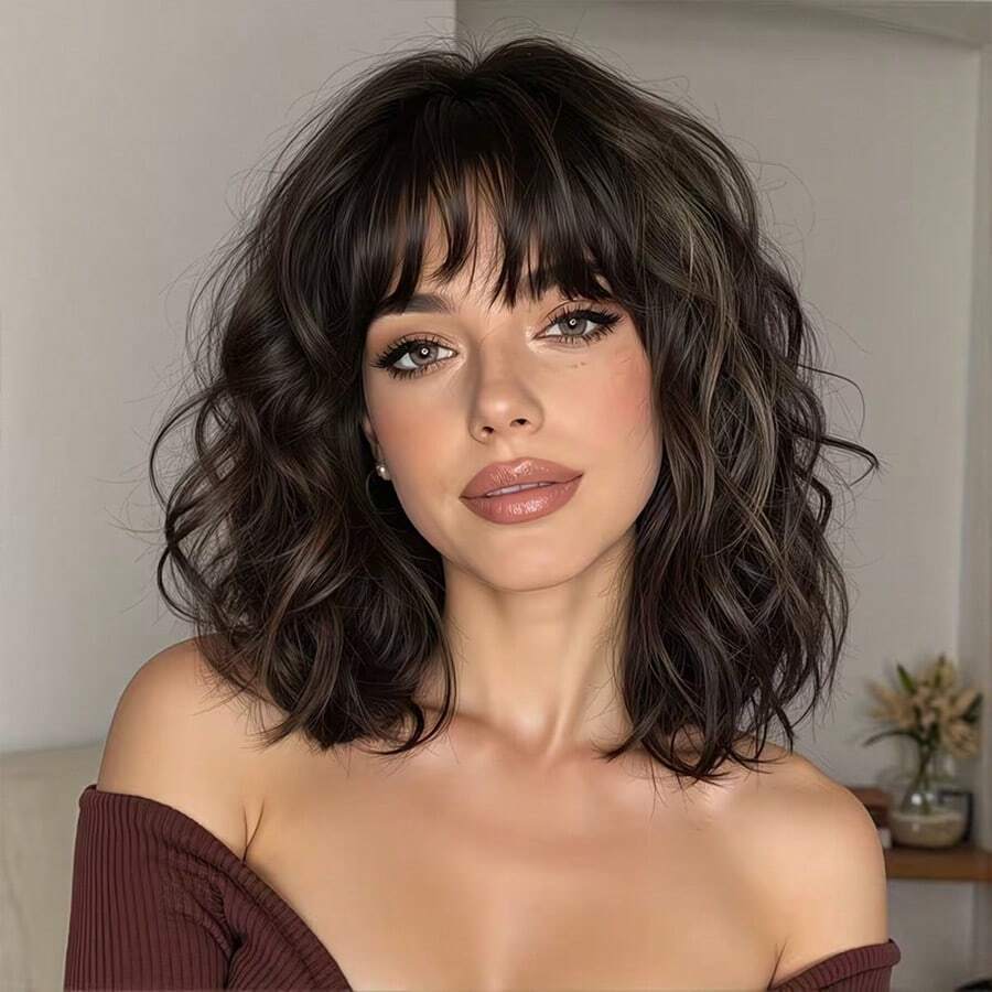 Cheap Price Bob Curly Wig Synthetic Short Black Wig With Bangs Natural Looking Heat Resistant Fiber Hair For Women - Brown Highlight - View 1