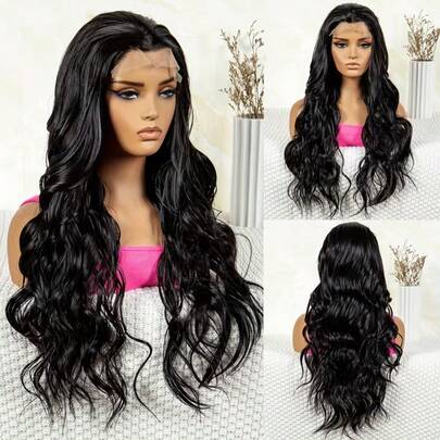 超凡脱俗的蓬松自然波浪黑色长发假发，13*4前蕾丝耐热合成纤维，适合日常聚会、节日和其他场合。