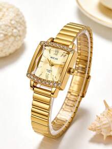 1件装奢华优雅女士石英表，方形表盘，镶钻表圈，镀金表壳，高品质合金材质，精致复古金属表带，简约低调奢华设计 - 金色 - 查看 2