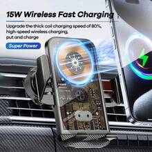 REMAX 15W无线车载充电器；自动夹紧；360°旋转；稳定防抖；中控台手机支架；通用导航支架；兼容iOS/安卓系统；汽车配件 - 黑色 - 查看 3