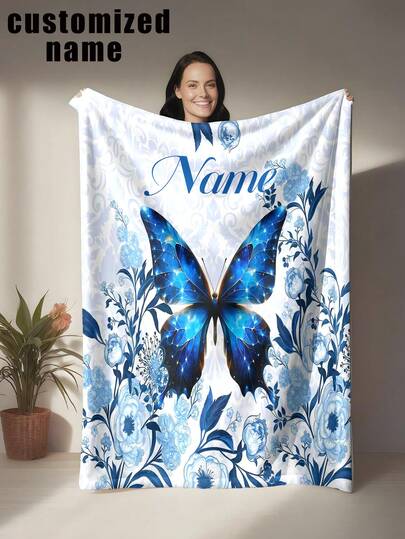 Customized Name Blue Butterfly Floral Blanket, Combining Chinoiserie Elements And Modern Fantasy Illustration Techniques, Creating An Elegant And Romantic Visual Atmosphere - Made Of Knitted Flannel Fabric With Digital Printing, Comfortable For All Seasons, Soft And Warm Flannel, Versatile For Sofa, Bed, Travel, Camping, Office - Easy Care, Ideal For Resting, Camping And Traveling.