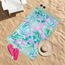 超大热带树叶沙滩巾 - 速干防沙超细纤维，亮粉色配绿色树叶图案，超大长方形毛巾，适合泳池和海滩使用，耐用柔软，现代风格，沙滩必备 | 花卉图案毛巾 | 速干面料，沙滩巾 - A - 查看 7