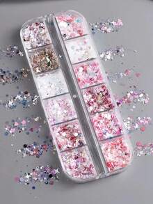 Bộ 12 khuôn trang trí móng tay, chất liệu nhựa và kim tuyến, phong cách nữ tính màu hồng, hình trái tim dễ thương, hình ngôi sao năm cánh, hình chữ nhật, tự làm đồ trang trí móng tay, đồ thủ công, dụng cụ làm móng. - Hồng - Xem 4