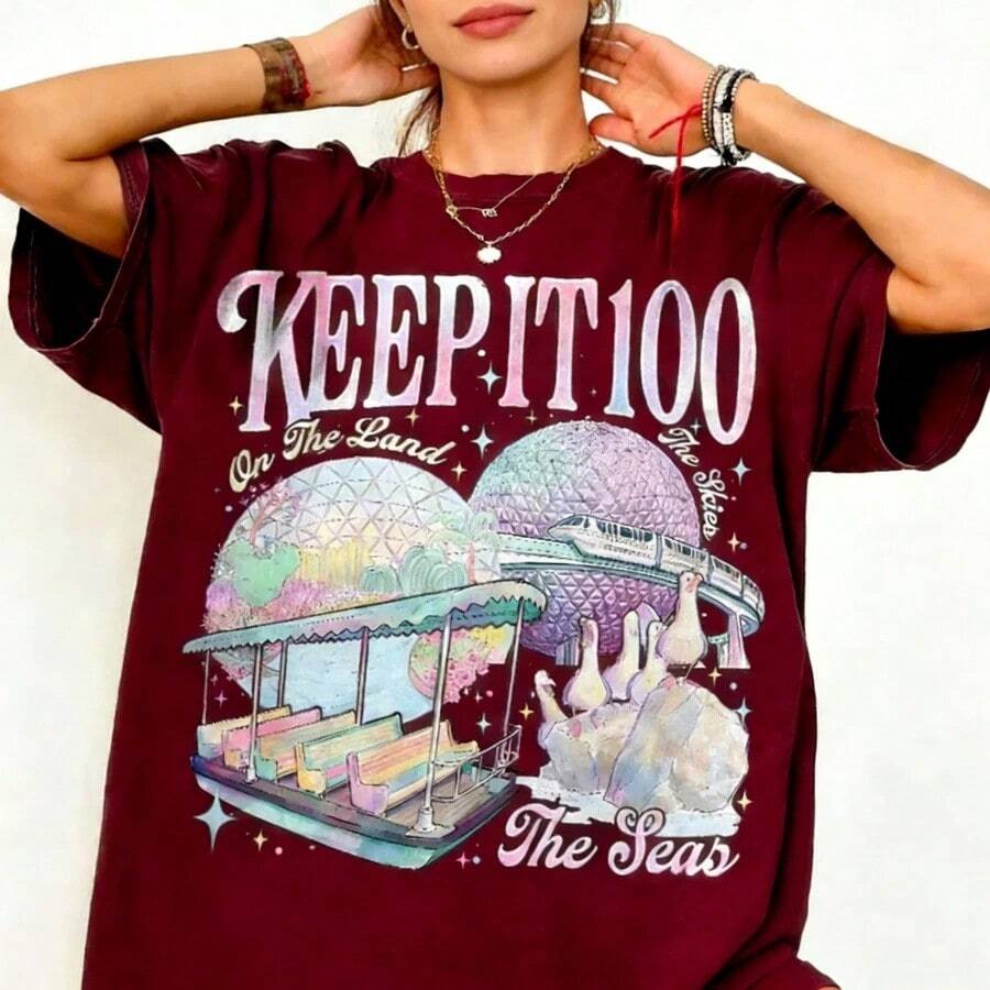 Keep It 100 The Land Seas Skies WDW Graphic Tee, Oversized Women's Retro, Magic Kingdom Summer Top For Women - 酒紅色 - 查看 1