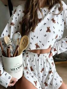 Nina Bonheur Bộ đồ ngủ 2 món dành cho nữ: Áo dài tay cổ tròn và quần short cạp chun. - trắng - Xem 1