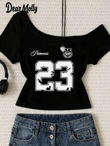 DEAR MOLLY Retro Numeric Pattern Sexy Asymmetrical Shoulder T-Shirt, Women Casual Slash Neck Tight Crop Top, Suitable For Summer Wear Black - Black - View 1