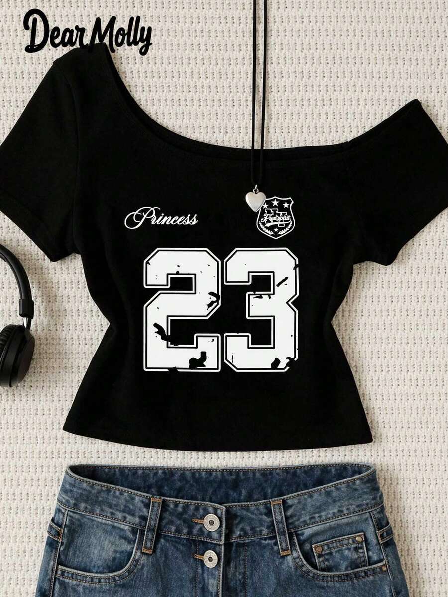 DEAR MOLLY Retro Numeric Pattern Sexy Asymmetrical Shoulder T-Shirt, Women Casual Slash Neck Tight Crop Top, Suitable For Summer Wear Black - Black - View 1