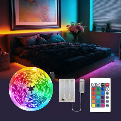 Dải đèn LED 5V, kèm theo điều khiển từ xa hồng ngoại 24 phím và hộp pin di động. Sử dụng pin AA (Sản phẩm không bao gồm 3 pin AA). Dải đèn RGB, đổi màu, có thể điều chỉnh độ sáng. Thích hợp cho phòng ngủ, nhà bếp, cầu thang, tủ, v.v.
