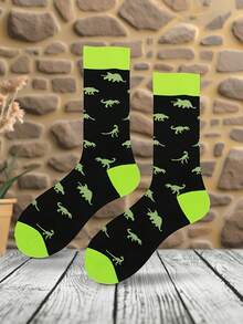 1 Pair Men's Dinosaur Pattern Mid-Calf Socks, Dinosaur Print Socks Suitable For Daily Wear - Multicolor - View 3