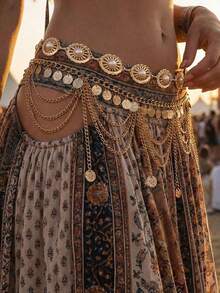 2件套波西米亚珍珠多层流苏镂空腰链，时尚百搭腰饰，适合女性，性感阿拉伯风流苏腰链，适合海滩、度假、派对、万圣节、校园、春秋季等场合。 - 金色2件套裝 - 查看 4