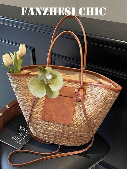 This Is A Khaki Straw Tote Bag For Women, Decorated With Green Faux Flowers. It Has A Large Capacity And Is Perfect For Beach Vacations And Casual Outings.