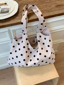 1pc Spring/Summer Korean Style Polka Dot Large Capacity Women's Shoulder Bag, Literary Fresh Crescent Bag, Durable Casual Vacation Cloth Bag, Available In Gray, Blue, Beige - A - View 5