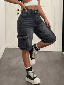 Quần short Bermuda denim đen mài dành cho nữ, kiểu dáng thường ngày, ống thẳng, có khóa kéo và túi, chất liệu không co giãn, thích hợp mặc hàng ngày vào mùa hè. - Màu xám đen - Xem 3