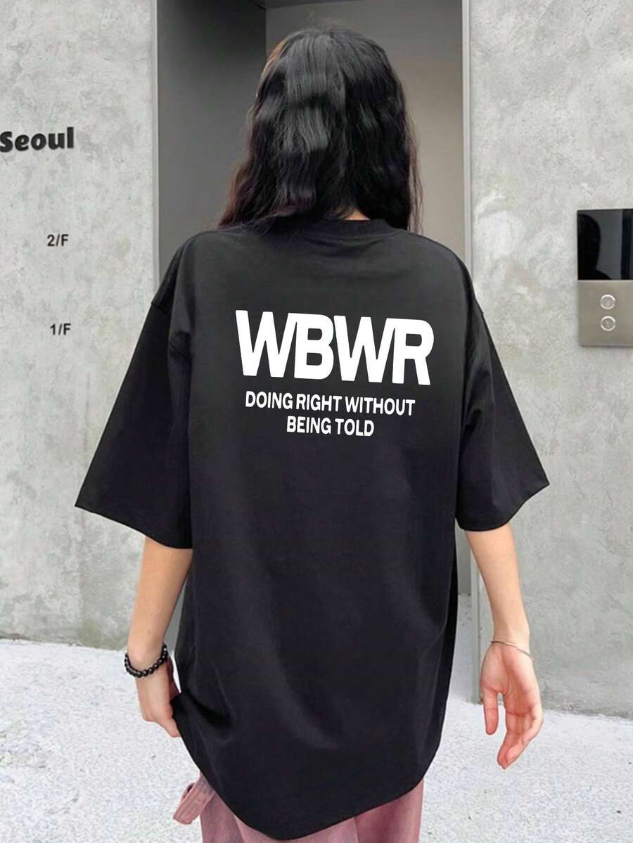 Nueva blusa de verano estilo Y2K para mujer, camiseta casual de manga corta con cuello redondo y estampado gráfico en inglés - Negro - Ver 1