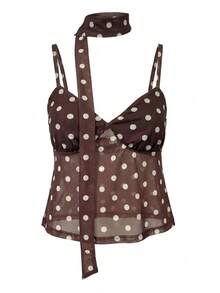 女士深V领波点半透明吊带背心，荷叶边领口设计，短款针织吊带上衣，适合夏季穿着 - 棕色 - 查看 3