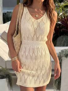 Đầm dệt kim không tay cổ tròn khoét eo màu mơ kiểu dáng nghỉ hè dành cho nữ, thích hợp đi biển. - Màu be - Xem 6