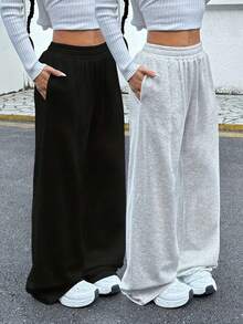 2pcs Women's Casual Wide-Leg Pants With Elastic Waistband And Pockets - Elastic, Loose-Fitting, Solid Color (Black And Gray), Suitable For All Seasons, Comfortable Clothing |   Loose Pants |   Medium Elastic, Women's Jogging Pants/ Sweatpants/ Training - Màu hỗn hợp - Xem 1
