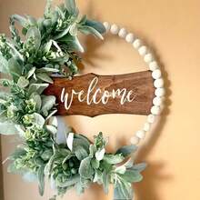 Rustic Floral Wreath, Eucalyptus Leaves And Wooden Beads Surrounding, Wooden Plaque Accent, Suitable For Front Door, Window Sill, Porch, Indoor And Outdoor Decor, Thanksgiving, Christmas, Harvest Season Home Decor, Holiday Party Decoration - Multicolor - View 2