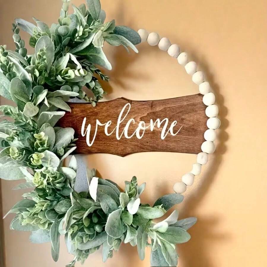 Rustic Floral Wreath, Eucalyptus Leaves And Wooden Beads Surrounding, Wooden Plaque Accent, Suitable For Front Door, Window Sill, Porch, Indoor And Outdoor Decor, Thanksgiving, Christmas, Harvest Season Home Decor, Holiday Party Decoration