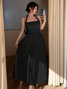 Black Sexy Spaghetti Strap Backless A-Line Mid-Length Dress, Elegant Waist Design Suitable For Weddings, Dates, Galas, Parties, New Spring/Summer Fashion For Young Women Party - Black - View 6