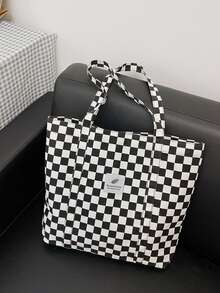 1个格子帆布手提包，大容量单肩包，带内袋，女士日常休闲格子手提包 - 黑與白 - 查看 13