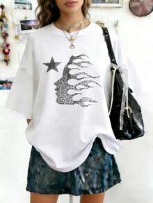 Plus Size Hellstars 1996 PCP Flame Head Star Y2K Graphic T-Shirt,220g 100% Cotton,Round Neck Short Sleeve,White Streetwear Essential For Summer Going Out,Unisex Style - White - View 1