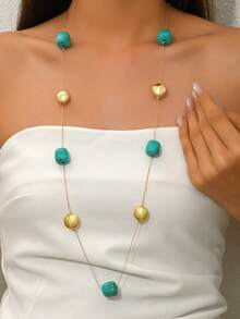 1pc Minimalist Vacation Style Square Turquoise & Golden Bead Interval Beaded Long Necklace, Suitable For Women Summer Beach Holiday & Date - Multicolor - View 2