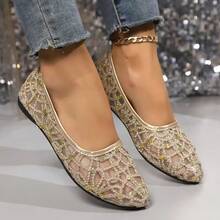 Solid Color Geometric Pattern Glitter Women Flat Shoes, Party Wear Spring/Summer - Gold - View 5