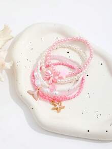 5pcs Faux Pearl Bowknot Beaded Elastic Bracelet Set, Scallop, Starfish Pendant, Multi-Element Pearl Bracelet For Women - Gold - View 4