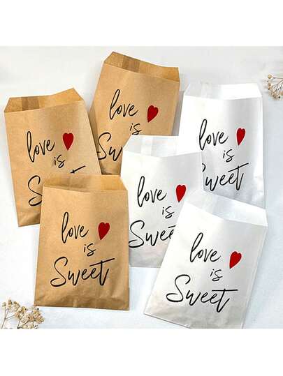 5pcs/10pcs/15pcs Love Is Sweet Gift Bag, 13x18cm White/Kraft Paper Bag, Suitable For Wedding Decoration, Wedding Candy Packaging, Party Gift Bags