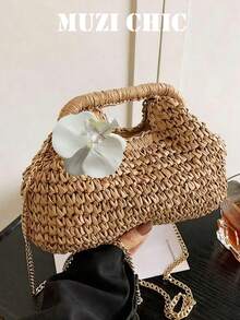 1pc Boho Khaki Crochet Mini Handbag, Cute Cloud-Shaped Bag With White Orchid Accent, Versatile Chain Crossbody Bag Perfect For Vacation & Party Outfits - Khaki - View 6