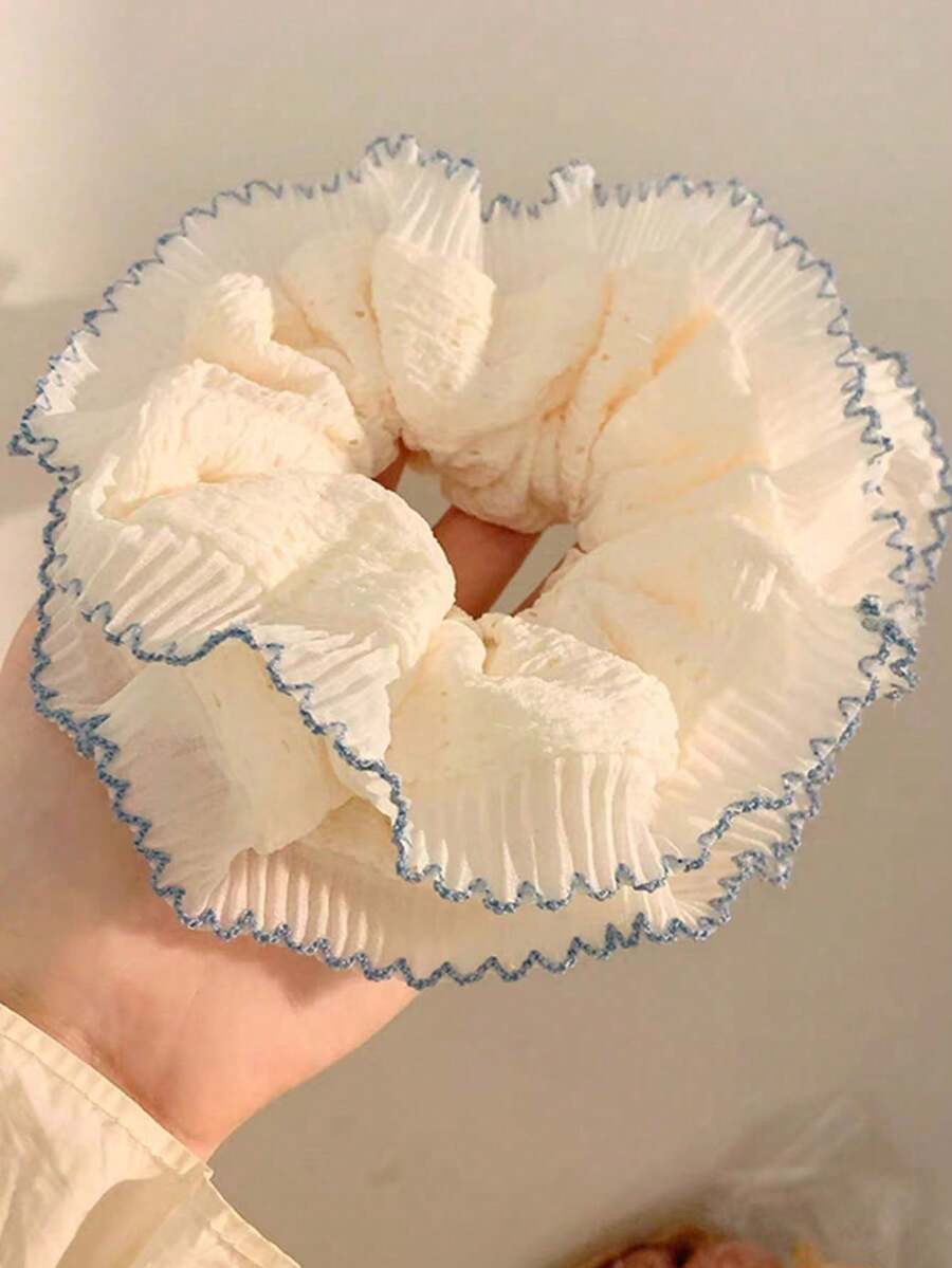 2pcs French Lace Hollow Flower Hair Scrunchies, Elastic Daily Hair Accessories For Women