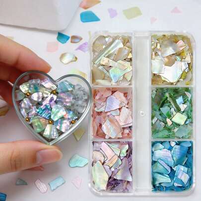 6 Grids Summer Sea Mermaid Aurora Seashell Slices Fillers, Irregular Sparkling Flake, For Epoxy Resin Mould Filling Material, DIY Jewelry Making Supplies