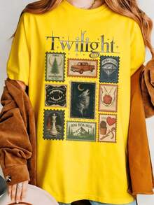 Vintage Twilight Movie Women T-Shirt, Retro Vampire And Wolves Graphic Tee, Y2K Oversized Classic 2000s Film Aesthetic Apparel, GothicHorror Romance - 黃色 - 查看 3
